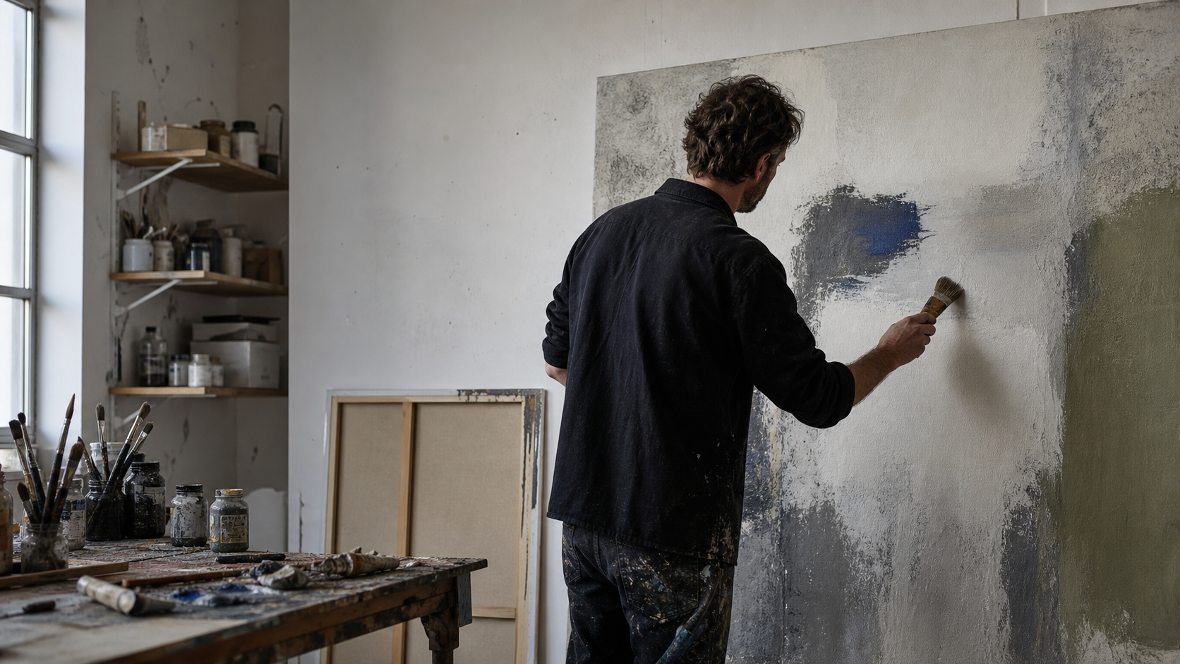 A painter working by hand on a large MioGallery canvas