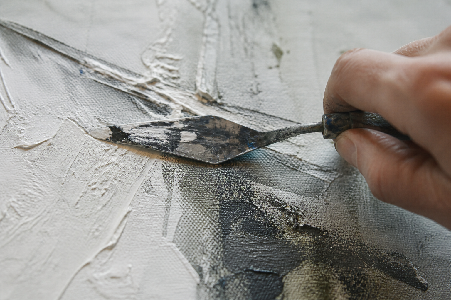 Close view of tactile paint texture created with a palette knife
