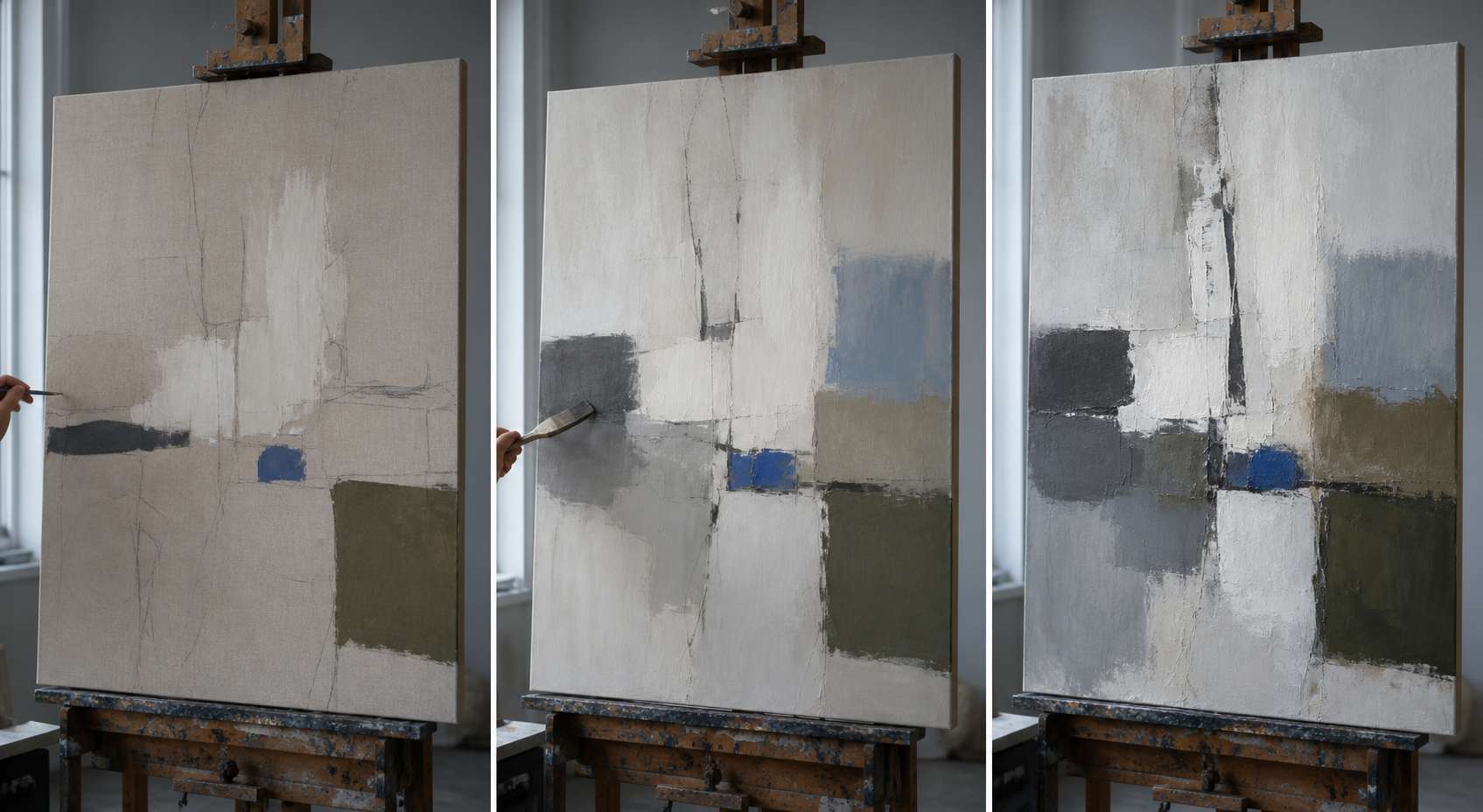Successive stages of a MioGallery design being painted by hand
