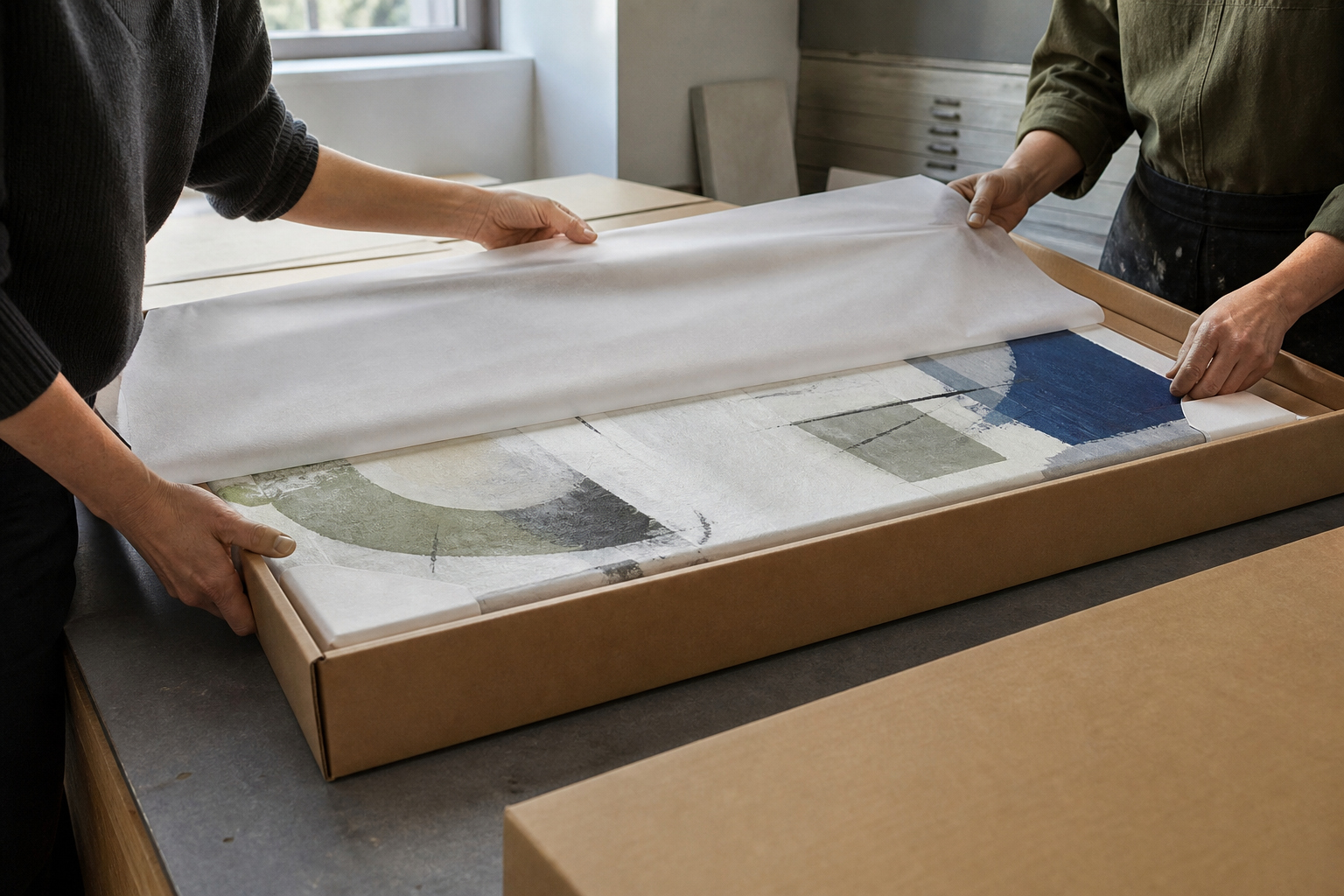 A hand-painted MioGallery canvas being carefully prepared for shipping