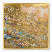 Golden Swirling Abstraction with Cream and Blue #AEA021
