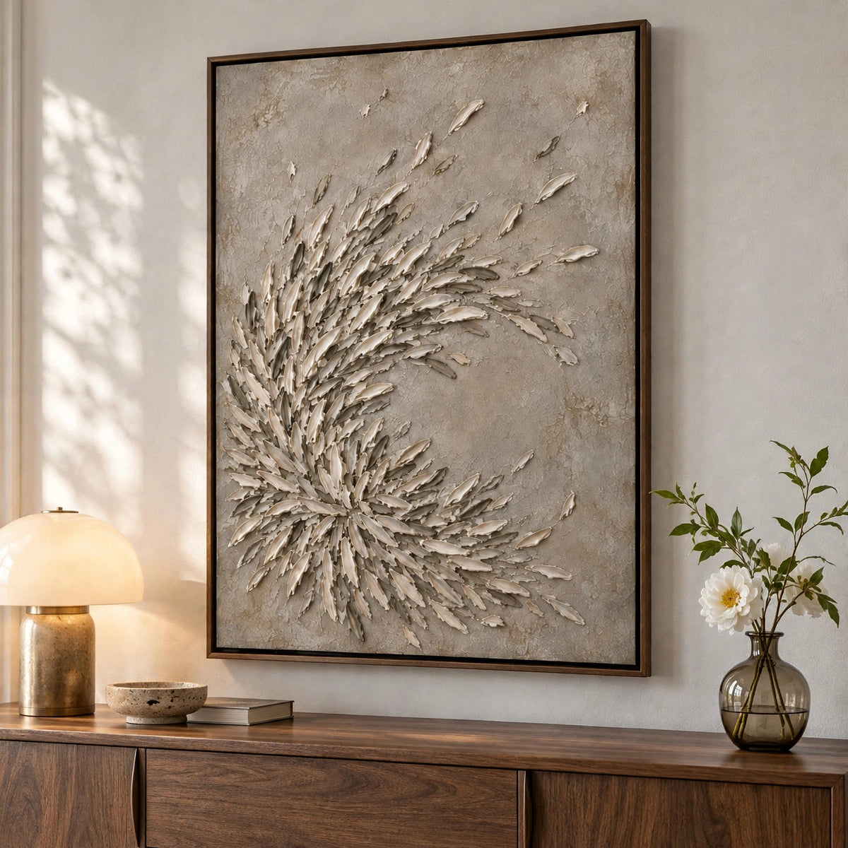 M869 artwork above a wooden sideboard
