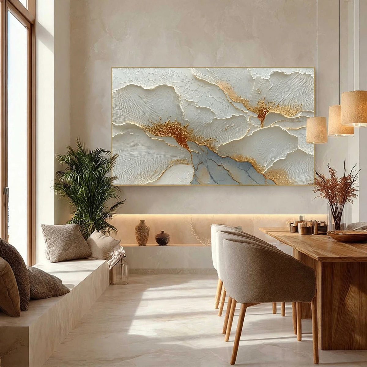 White Gold Floral Plaster Relief Painting #M902