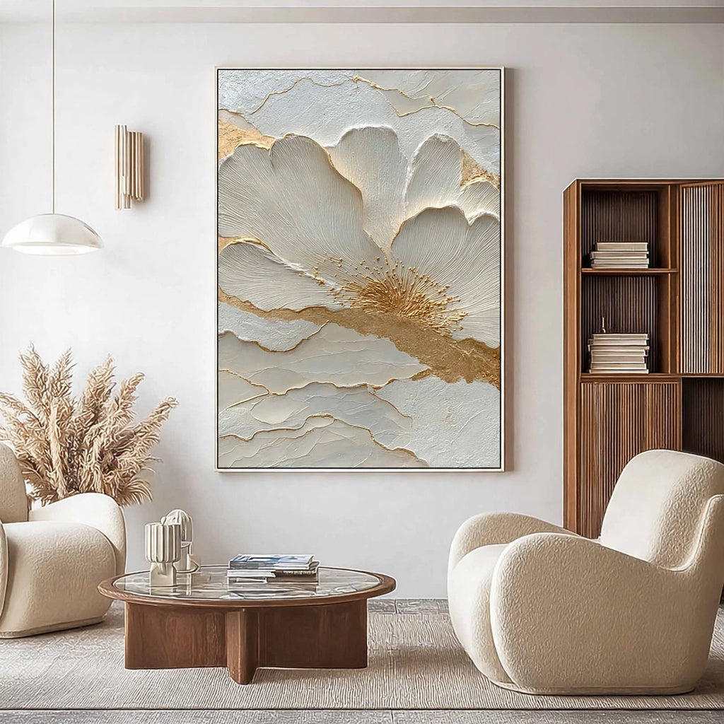 Ivory Gold Bloom Plaster Relief Painting #M915