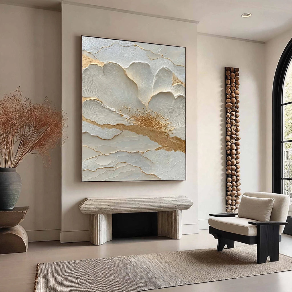 Ivory Gold Bloom Plaster Relief Painting #M915