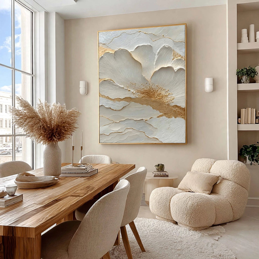 Ivory Gold Bloom Plaster Relief Painting #M915