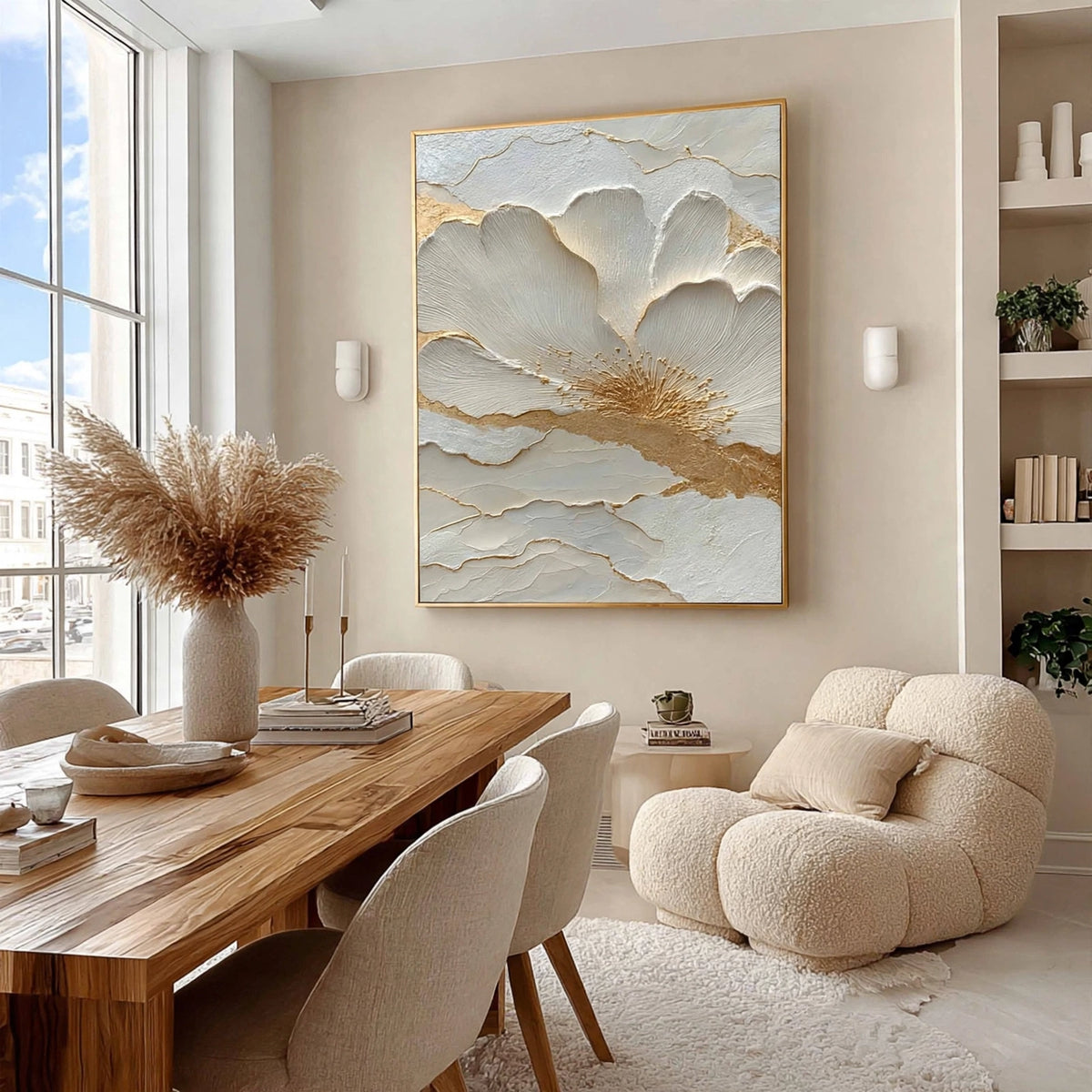 Ivory Gold Bloom Plaster Relief Painting #M915
