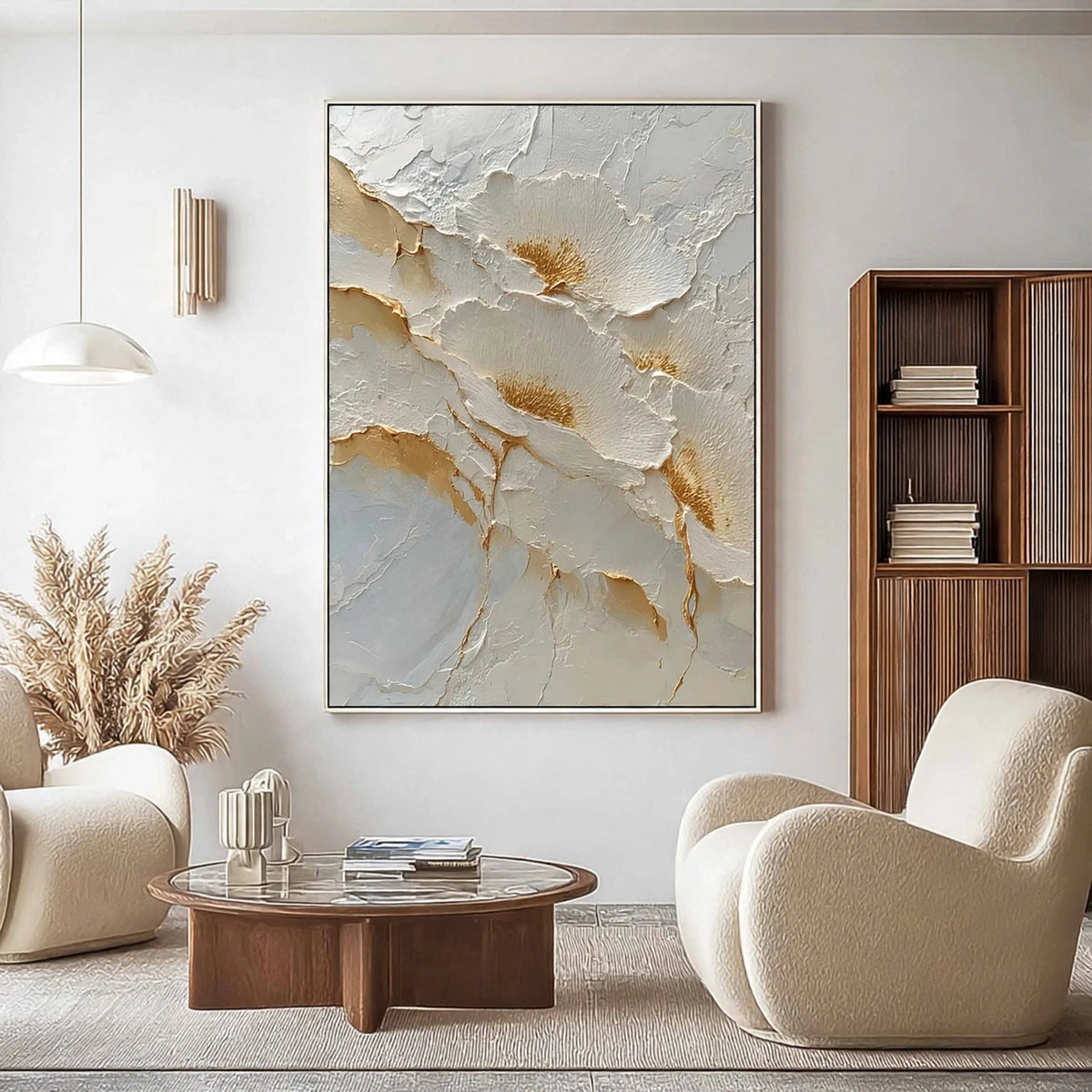 Ivory Gold Petals Plaster Relief Painting #M972