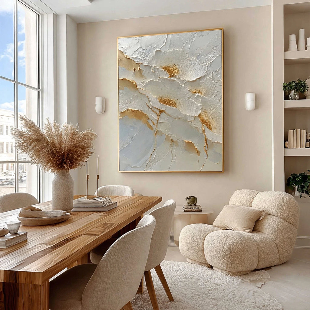 Ivory Gold Petals Plaster Relief Painting #M972