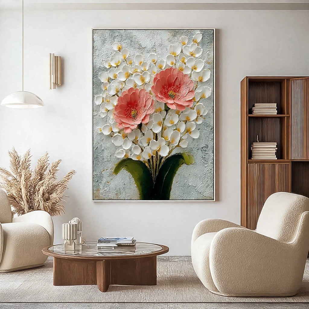 Coral Peony Plaster Relief Painting #M987